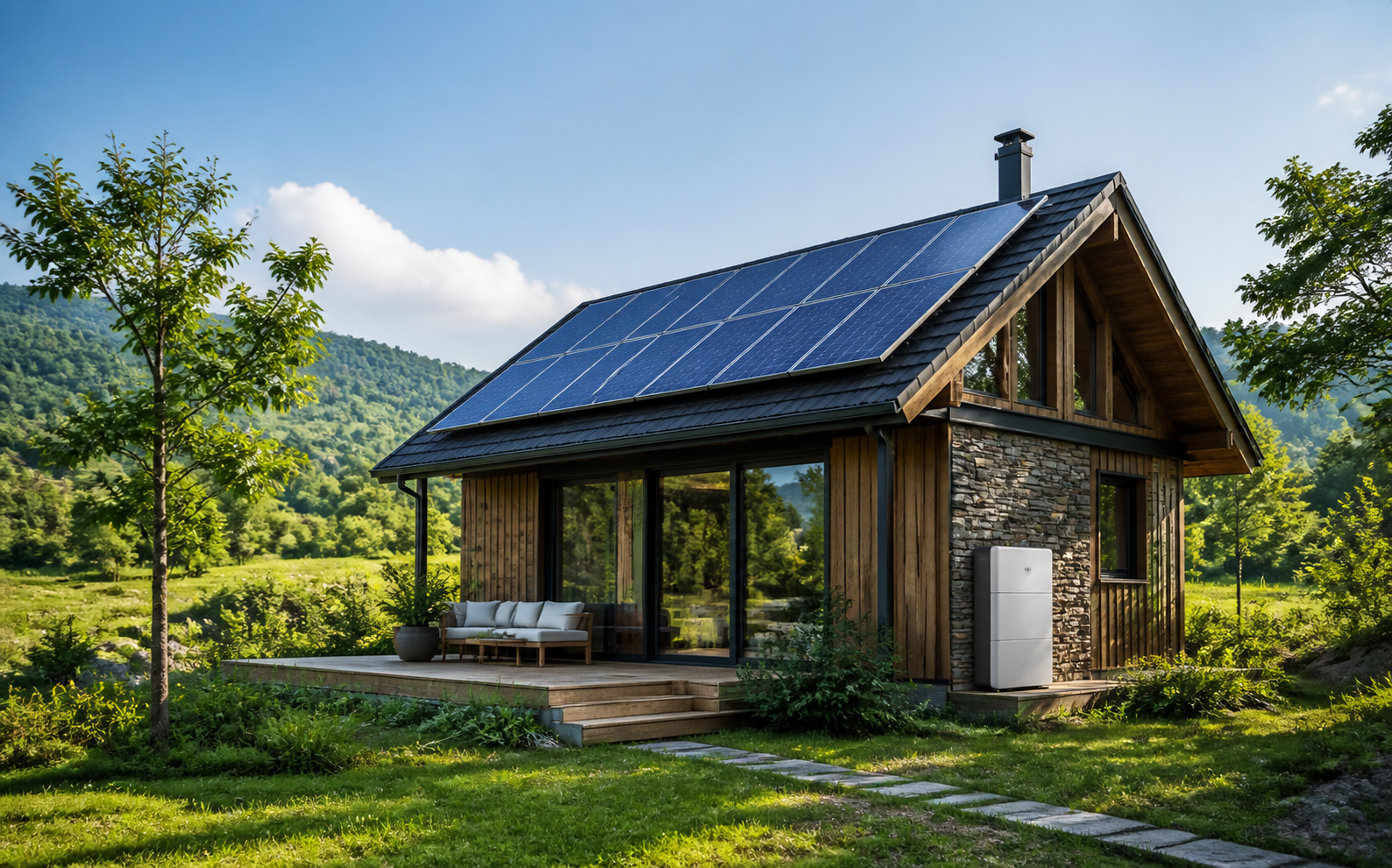 Önálló energiaellátású, napelemekkel felszerelt ház